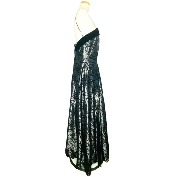 Vintage Gown Glamorous c1980s Dave & Johnny Formal Silver Black Velvet Jacquard - Picture 3 of 12